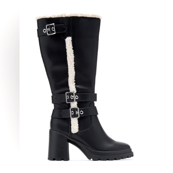 Soda Black Heeled Boots with Cream Trim - Picture 2 of 10